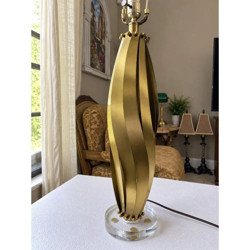Elegant Gold Table Lamp with Gold Sculptural Metal Body Modern Acrylic Base